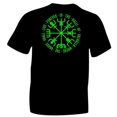 Green Nordic Vegvísir Symbol Fluorescent Green on Black T-shirt. Way Finder. Modern Vikings. In the halls of Valhalla where the brave shall live
