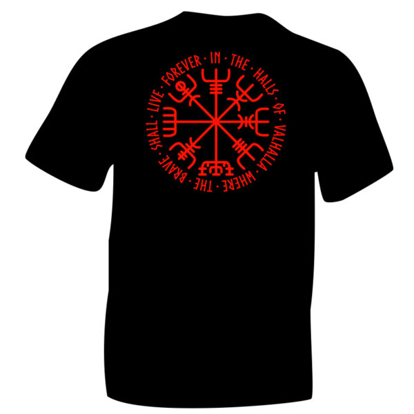 Red Nordic Vegvísir Symbol Fluorescent on Black T-shirt. Way Finder. Modern Vikings. In the halls of Valhalla where the brave shall live forever.