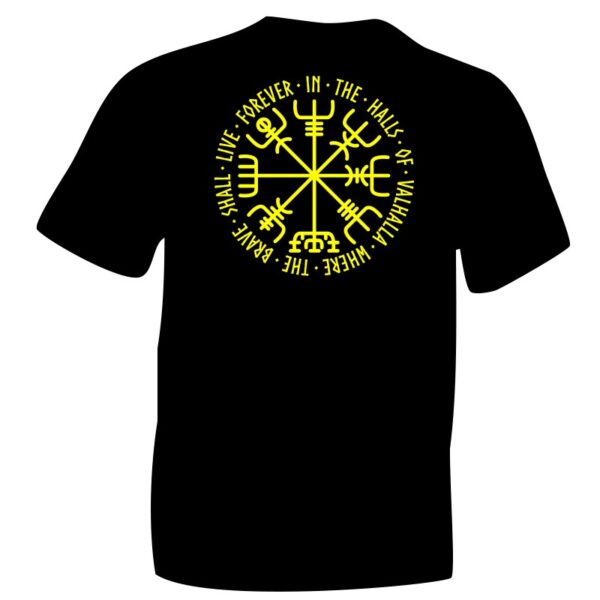 Yellow Vegvísir T-shirt Fluorescent Yellow on Black T-shirt. Way Finder. Modern Vikings. In the halls of Valhalla where the brave shall live
