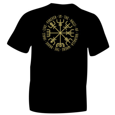 Nordic Vegvísir Gold Symbol Printed on Black T-shirt. Way Finder. Modern Vikings. In the halls of Valhalla where the brave shall live forever