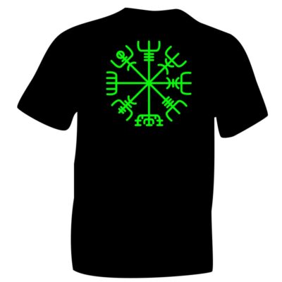 Fluorescent Green Nordic Vegvísir Symbol on Black T-shirt. ICENI Celts, Celtic & Nordic Symbols, and for Modern Vikings