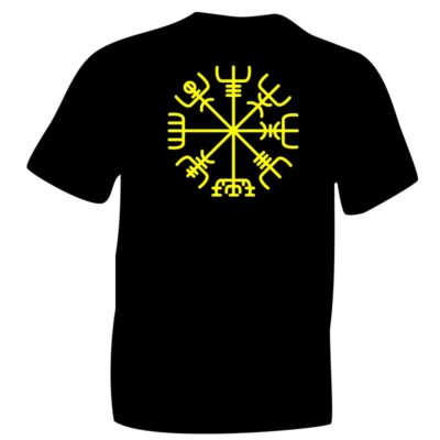 Fluorescent Yellow Nordic Vegvísir Symbol on Black T-shirt. ICENI Celts, Celtic & Nordic Symbols, adopted by Modern Vikings.