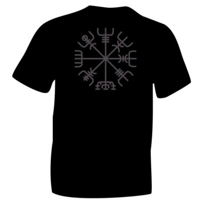 Norse Vegvísir Symbol Grey Flock Printed on Black Cotton T-shirt. ICENI Celts, Celtic & Nordic Symbols on T-shirts and Hoodies.