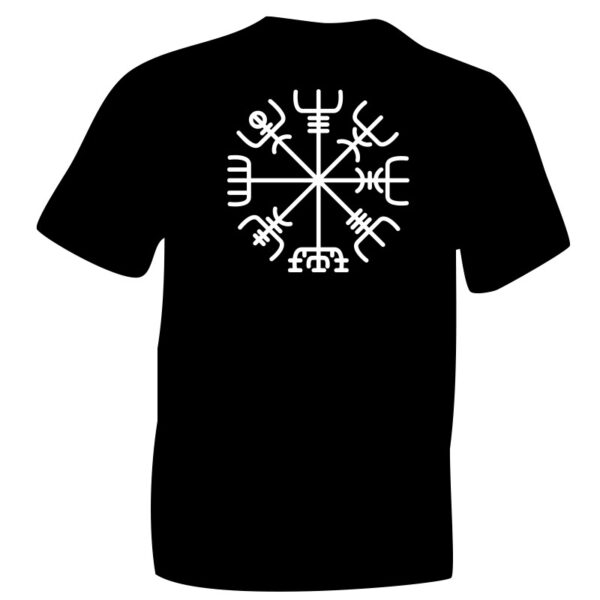 Norse Vegvísir Symbol in White Flock Printed on Black Cotton T-shirt. ICENI Celts, Celtic & Nordic Symbols,. also adopted by Modern Vikings
