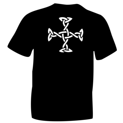 White Celtic Knot Cross Symbol Printed in Flock on Black Cotton T-shirt. iceniCelts.uk Celtic & Nordic Symbols on T-shirts