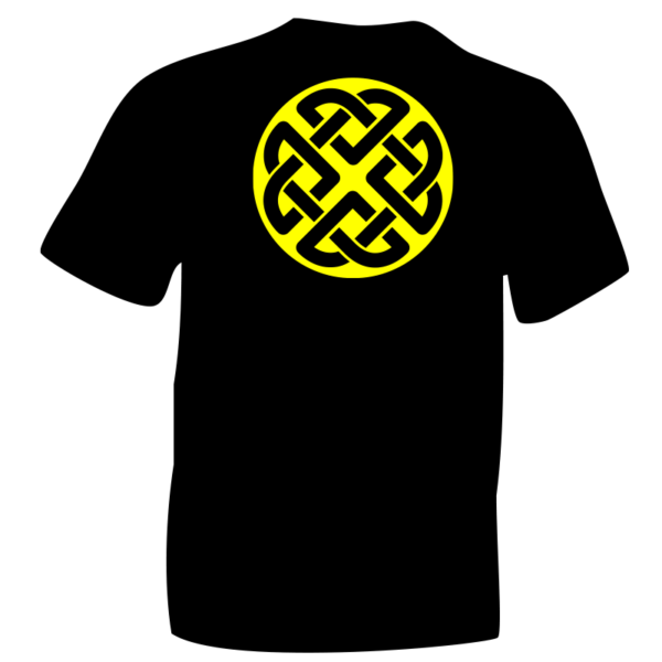 Fluorescent Yellow Celtic Knot Symbol 2 in Flock on Black Cotton T-shirt