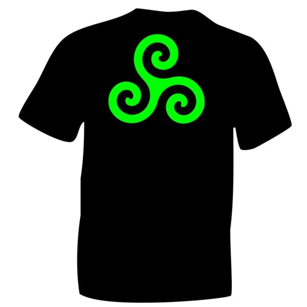 ICENI Celtic Triskele Symbol Fluorescent Green Flock on Black Cotton T-shirt