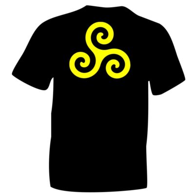 ICENI Celtic Triskele Symbol Fluorescent Yellow Flock on Black Cotton T-shirt