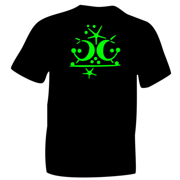 iceni Crescent Fluorescent Green Symbol printed on Black Cotton T-shirt.
