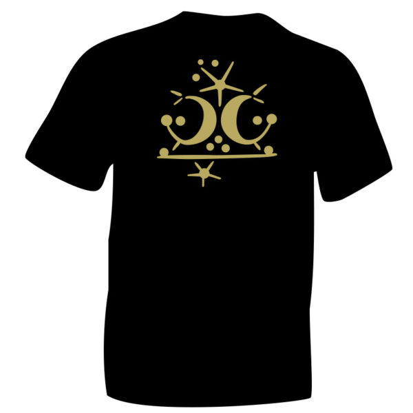 Gold iceni Crescent Symbol printed on Black Cotton T-shirt. iceniCelts.uk Celtic & Nordic Symbols on T-shirts and Hoodies.
