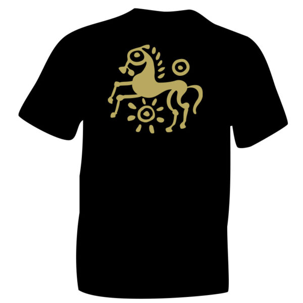 Gold iceni Horse Symbol 2 T-Shirt vinyl printed on Black Cotton