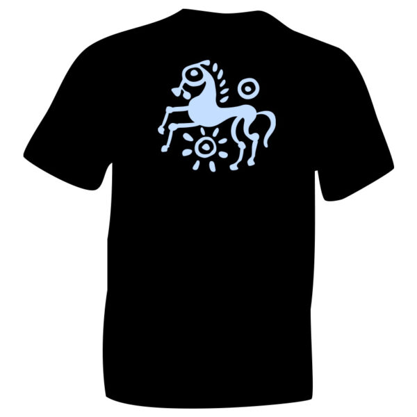 Powder Blue iceni Horse 2 TShirt Flock image on Black Cotton T-shirt. iceniCelts.uk Celtic & Nordic Symbols on T-shirts and Hoodies.