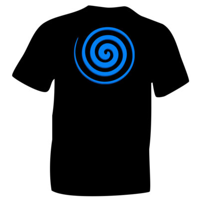 Celtic Spiral Symbol Sky Blue Flock on Black Cotton T-shirt