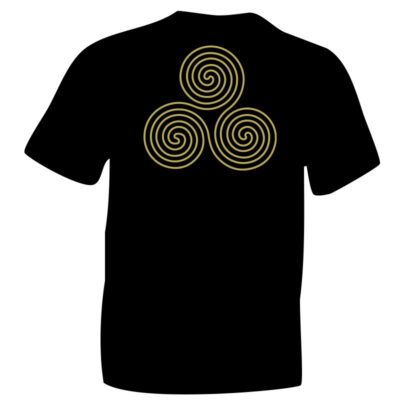 Gold Celtic Triskele T-Shirt Symbol 3 Flock Printed on Black Cotton T-shirt