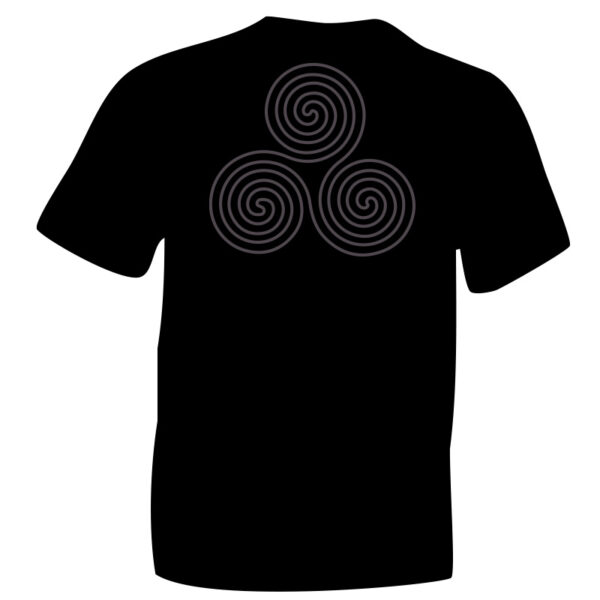 Celtic Triskele T-Shirt Symbol 3 Grey Flock Printed on Black Cotton T-shirt.