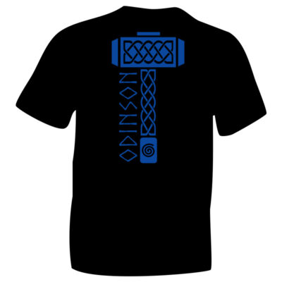 Viking God Odinson Hammer Mjölnir Symbol Blue Flock on Black T-shirt. iceniCelts graphic of Mjölnir, Thor's Hammer, Norse God of Thunder
