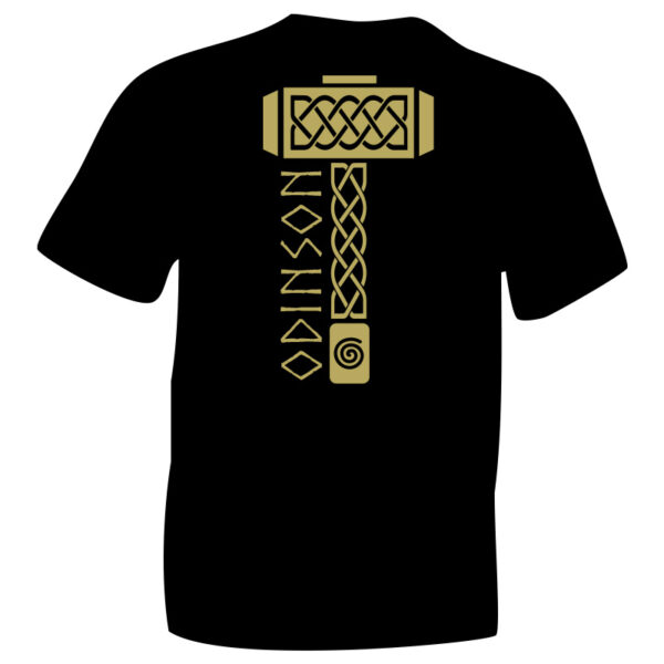 Thor Odinson Hammer Viking Symbol Gold on Black Cotton T-shirt. iceniCelts graphic of Mjölnir, Thor's Hammer, Norse God of Thunder