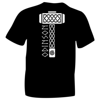 Viking God Odinson Hammer Mjölnir Symbol WHITE Flock on Black T-shirt. iceniCelts graphic of Mjölnir, Thor's Hammer, Norse God of Thunder