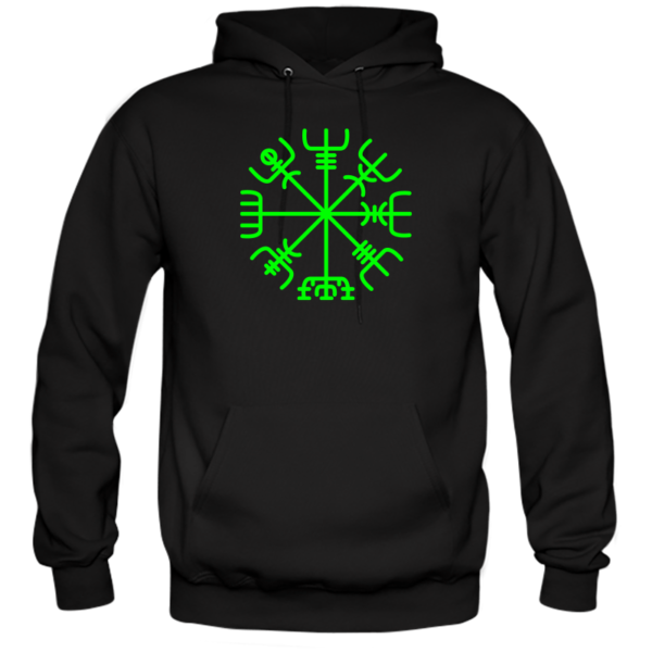 Fluorescent Green Nordic Vegvísir Hoodie Flock on Black Cotton Hoodie. ICENI Celts, Celtic & Nordic Symbols, and for Modern Vikings