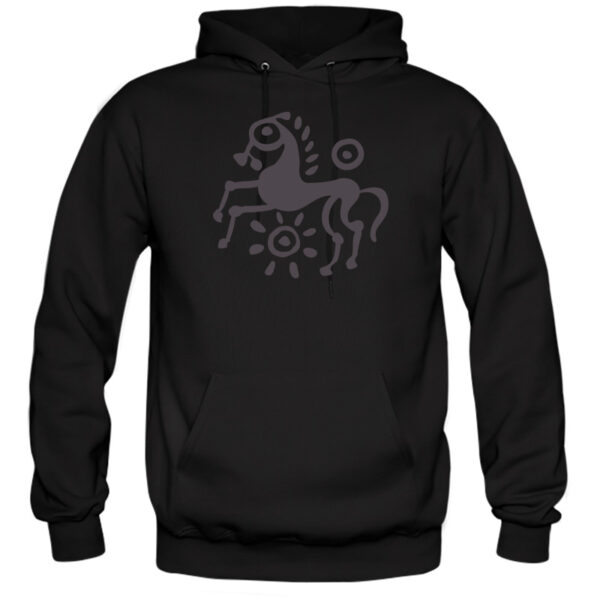 Grey iceni Horse 2 Hoodie Flock print on Black Hooded Sweatshirt