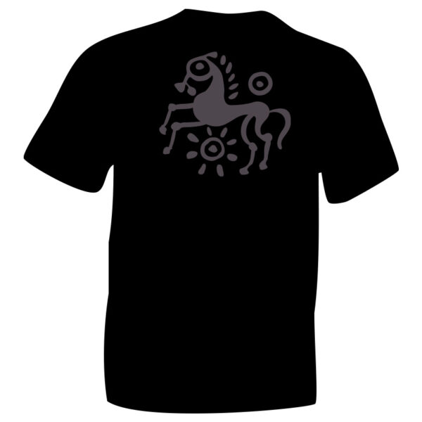 Grey iceni Horse 2 T-Shirt Flock print on Black Cotton T-shirt. iceniCelts.uk Celtic & Nordic Symbols on T-shirts and Hoodies.