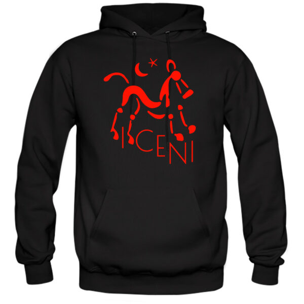 Fluorescent Red iceni Horse Hoodie, Flock Print on Black Hooded sweatshirt. iceniCelts.uk Celtic & Nordic Symbols on T-shirts and hoodies