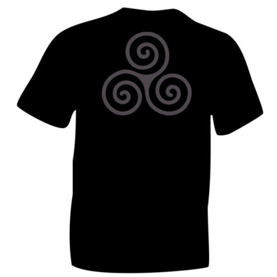Grey Celtic Triskele Symbol Flock on Black Cotton T-shirt. iceniCelts.uk Celtic & Nordic Symbols on T-shirts and Hoodies.