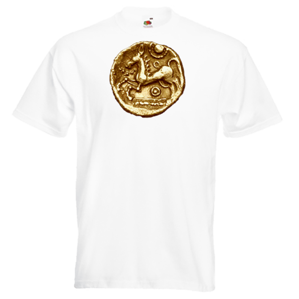 iceni horse Coin 2 image on White Performance T-shirt. iceniCelts.uk Celtic & Nordic Symbols on T-shirts and Hoodies.