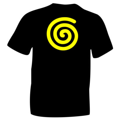 iceni Celts Spiral Yellow Fluorescent Flock on Black Cotton T-shirt. iceniCelts.uk Celtic & Nordic Symbols on T-shirts