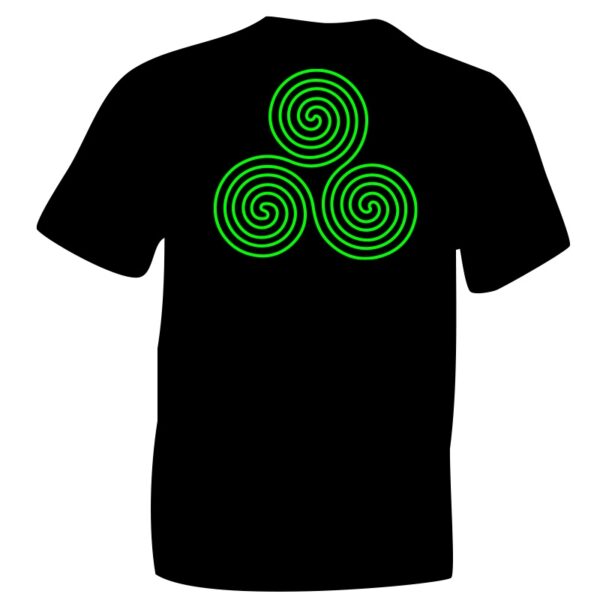 Celtic Triskele T-Shirt Symbol 3 Fluorescent Green Flock Printed on Black Cotton T-shirt. The oldest symbol of spirituality