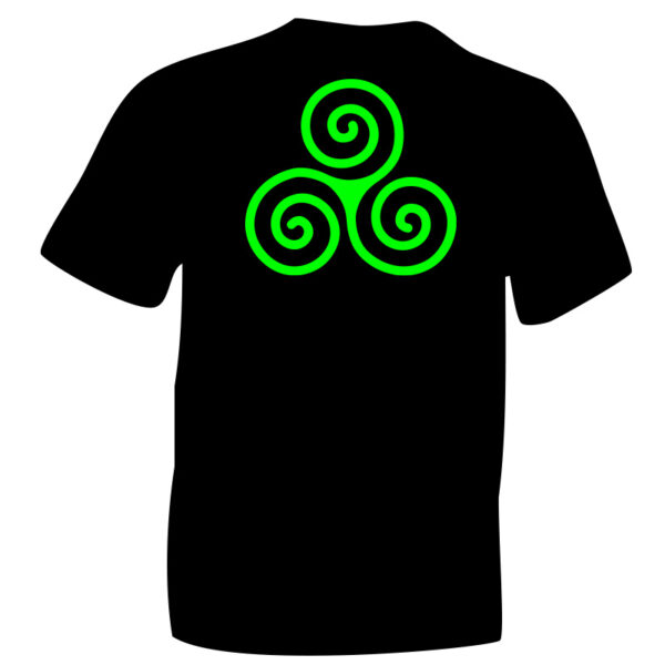 Triskele Symbol 1 Fluorescent Green Flock on Black Cotton T-shirt. iceniCelts.uk Celtic & Nordic Symbols on T-shirts and Hoodies.
